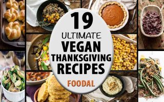 Image of a collage of assorted autumn-themed meat-free recipes with a label in the center.