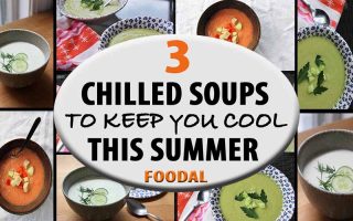 Horizontal image of a collage of assorted pureed soups in bowls, with a label in the center of the image.