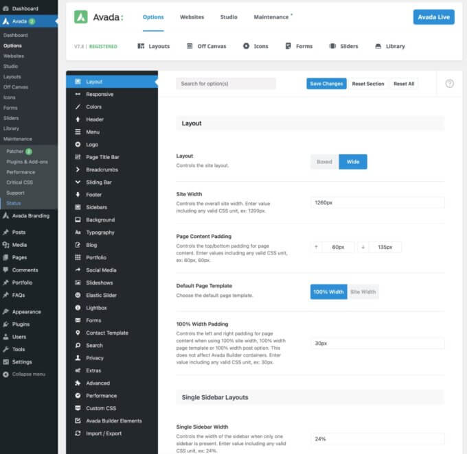 Backend Avada settings