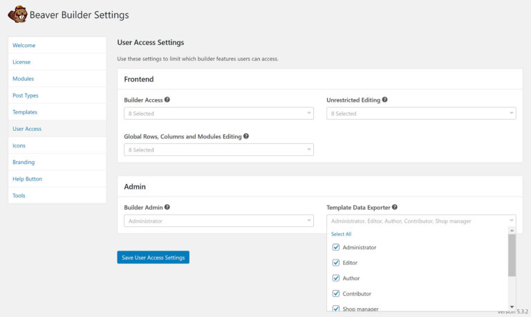 Beaver Builder User Access Settings