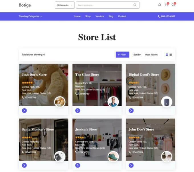 Botiga multivendor starter site vendor page