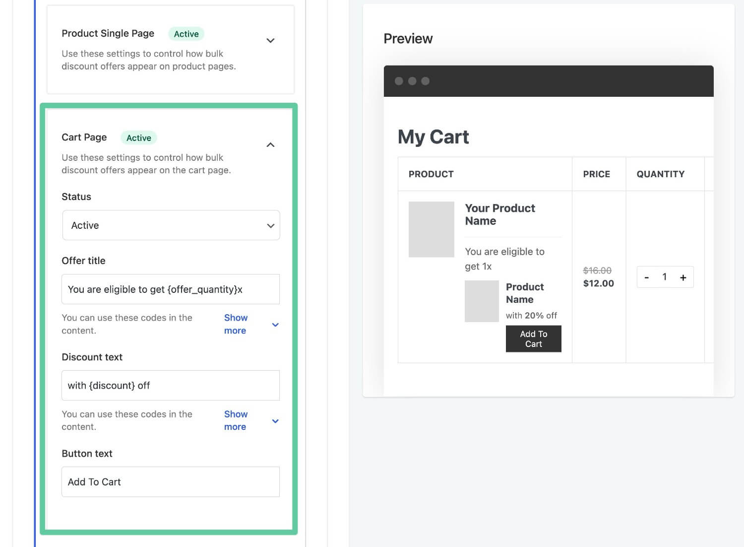 Cart page settings