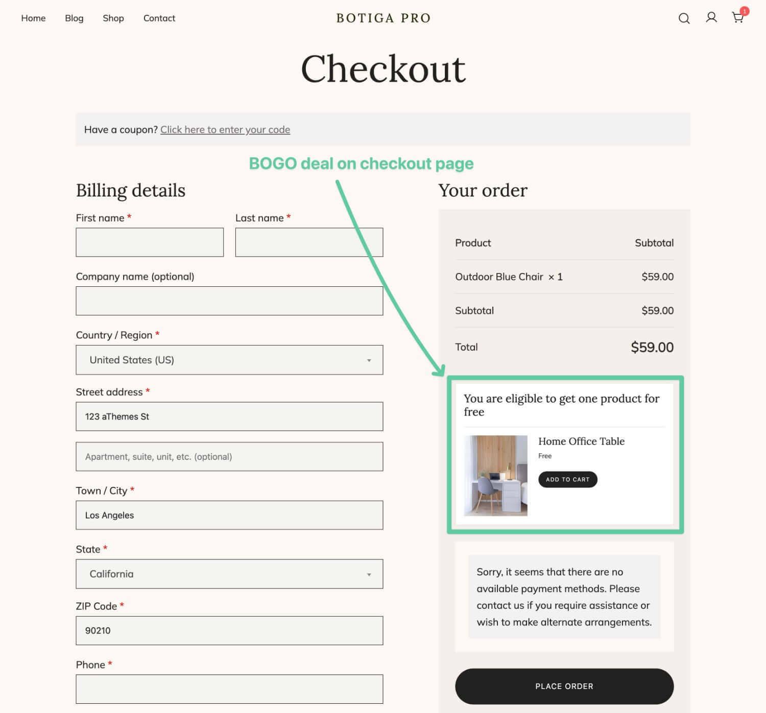 BOGO deal on checkout page