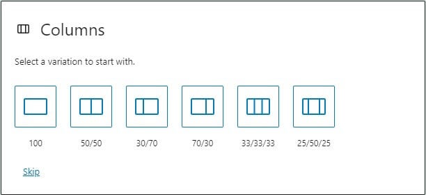 A closeup of the various options available for the Columns block