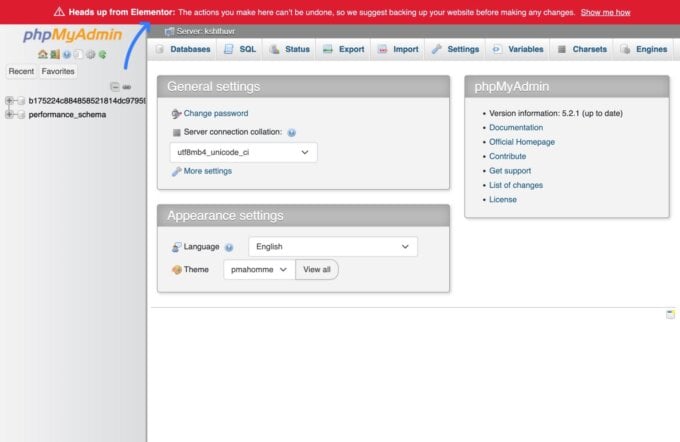 Elementor Hosting now offers phpMyAdmin access, a screenshot of the phpMyAdmin interface