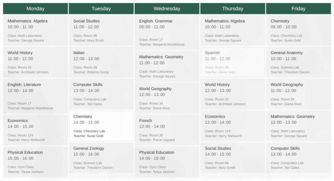 Events Timetable Schedule