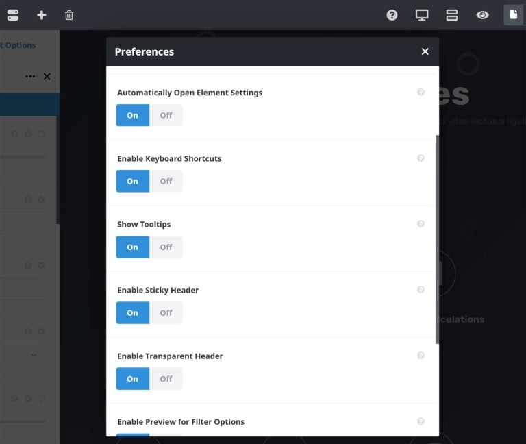 Fusion Builder Live Preferences Box