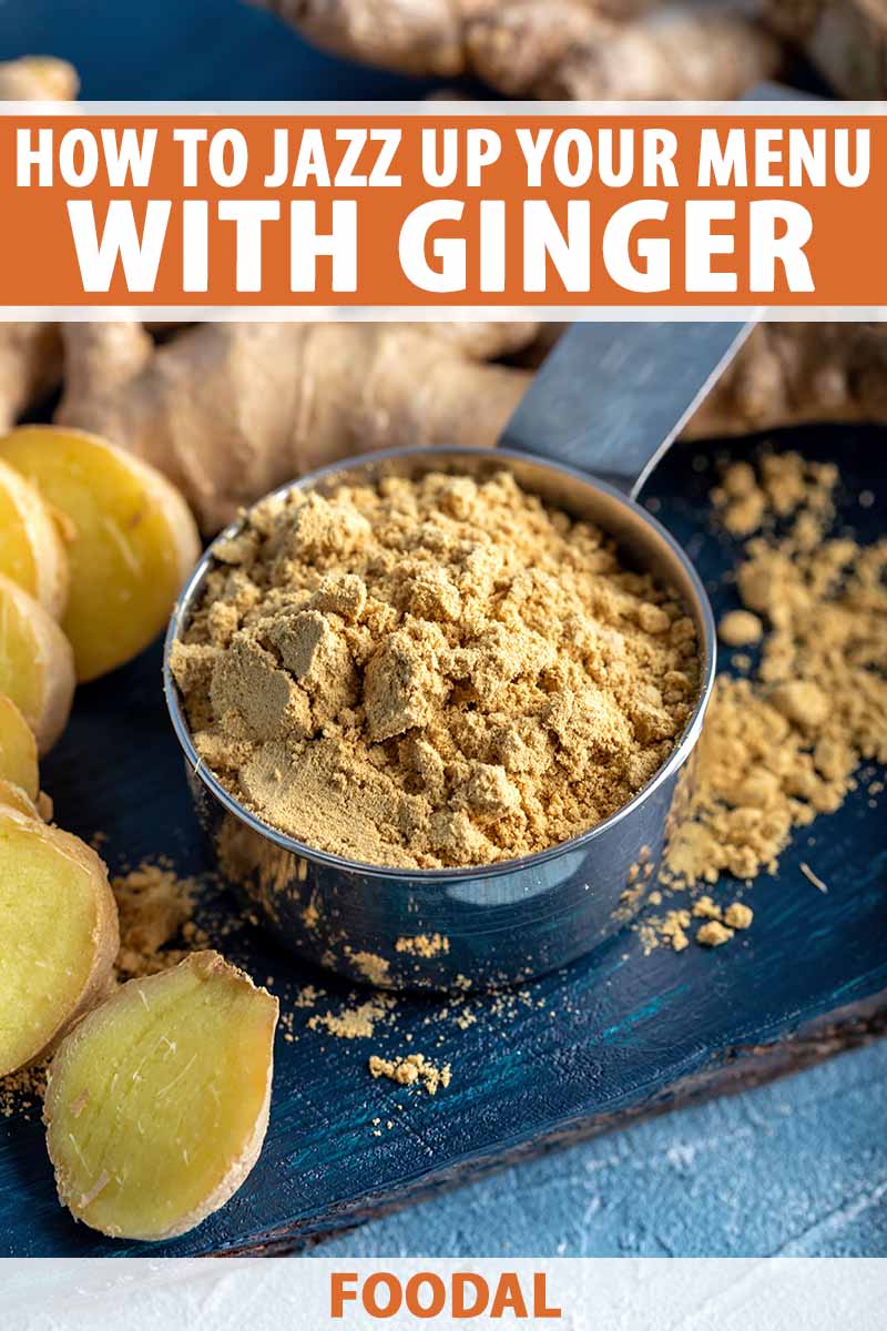 Vertical image of fresh and ground ginger on a slate surface, with text on the top and bottom of the image.