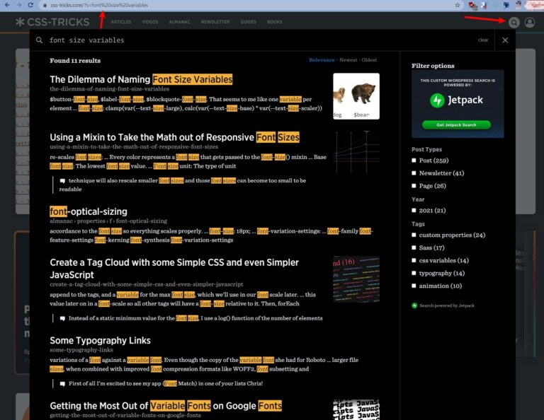An example of Jetpack search from CSS-Tricks