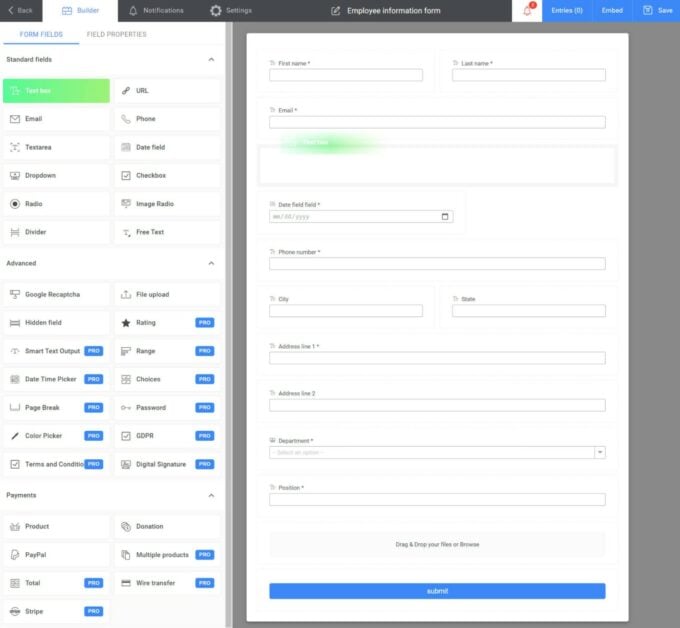 Kali Forms interface