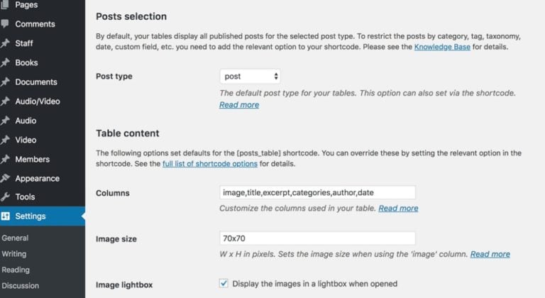 Posts Table Pro settings