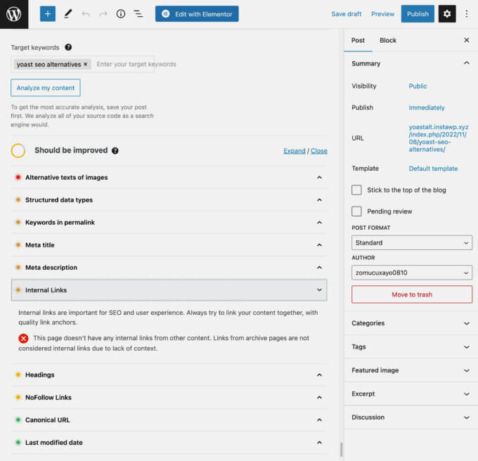 SEOPress keyword analysis