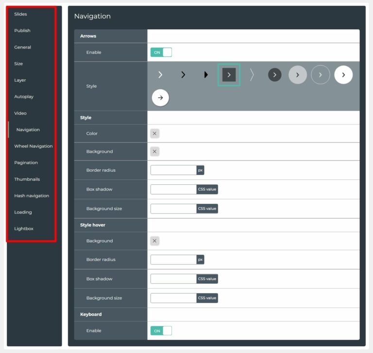 Slider settings