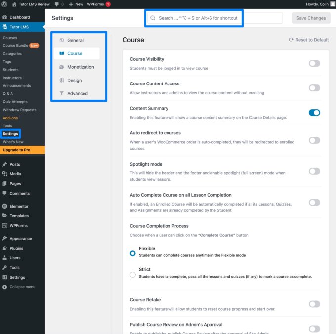 Tutor LMS settings area