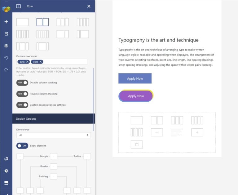 Visual Composer row and column settings