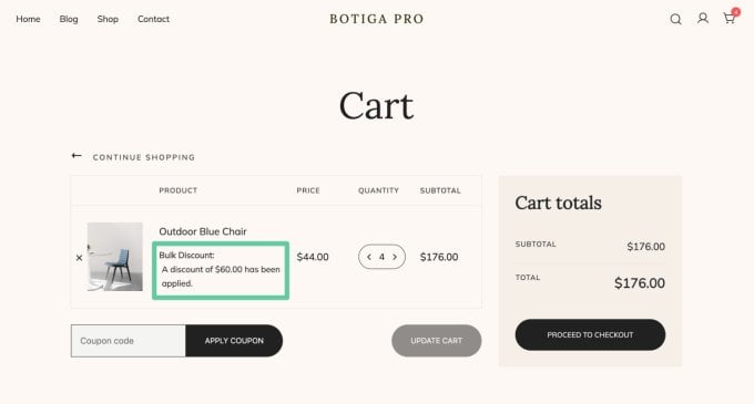 Showing the bulk discount on the shopping cart page