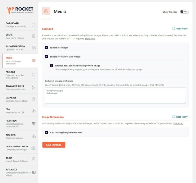 WP Rocket media optimization options