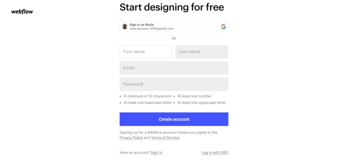 Webflow registration page