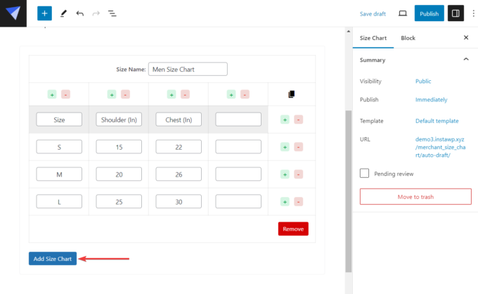 add new size chart button merchant