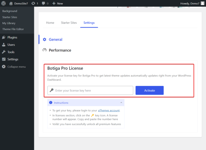 Location of the Botiga Pro License option in the WordPress admin area