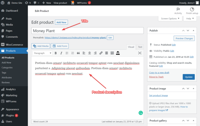 Adding title and description to a new product in WooCommerce