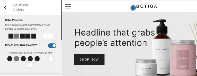The option to create a color palette using the WordPress Customizer