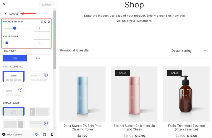 Location of Botiga's Products Per Row and Rows Per Page options in the Layout panel of the WordPress Customizer