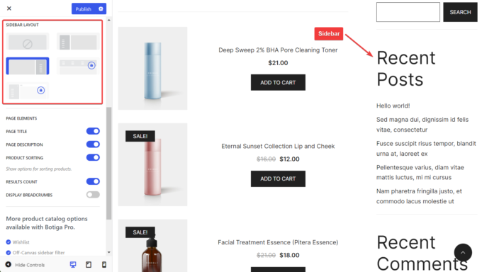Location of Botiga's Sidebar Layout options in the Customizer