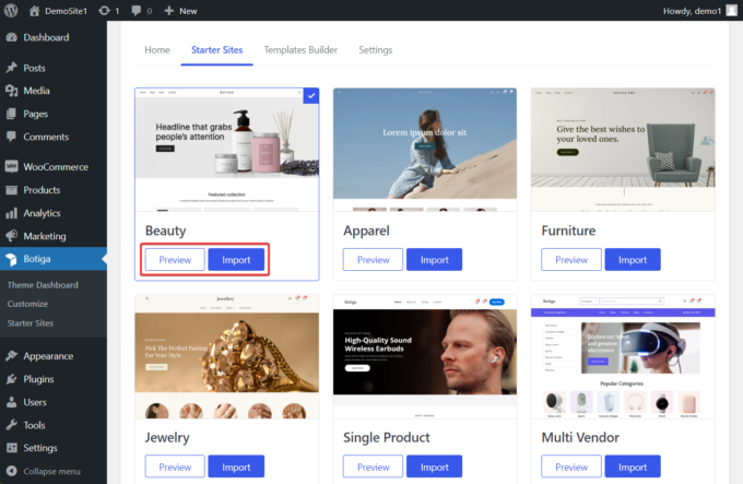 botiga starter site preview import