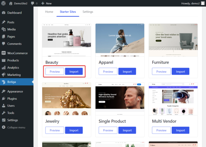 Botiga Pro's starter sites in the WordPress dashboard