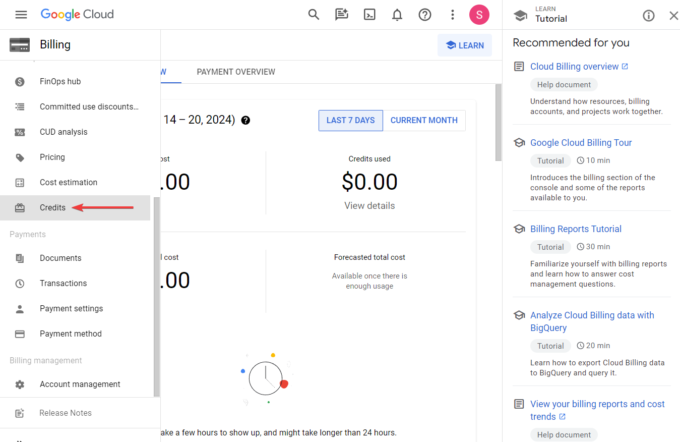 checking google cloud console credits from billing page