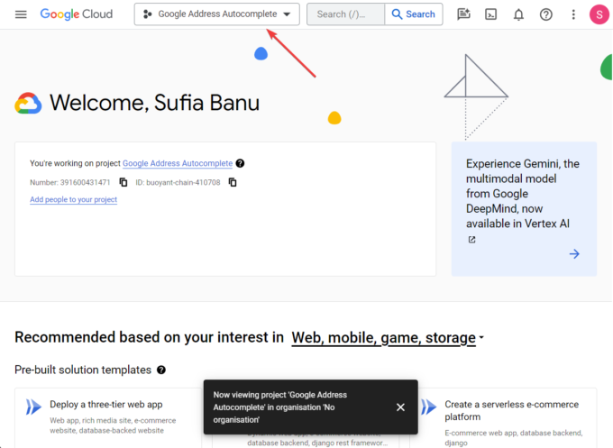 choose a project in google cloud console