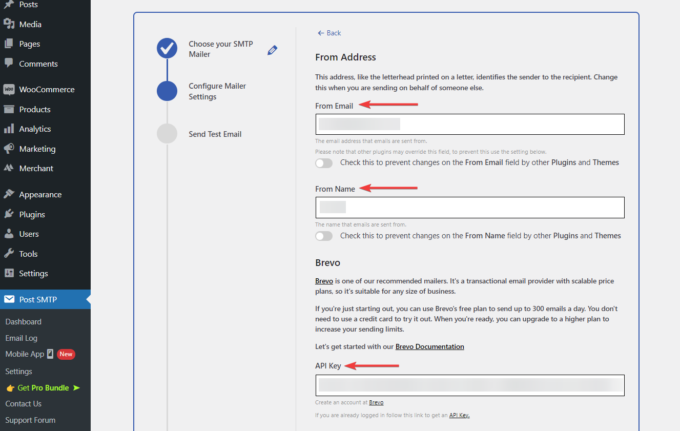 Settings of the Brevo API in the setup wizard of the Post SMTP plugin