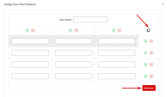 Botiga size chart options, copy and remove functionalities