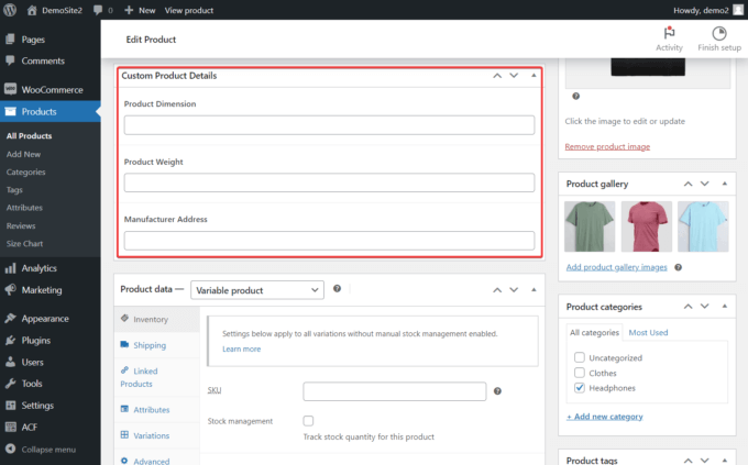 Custom product fields on a Botiga product page