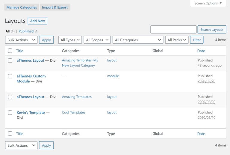 Divi Library Layouts List