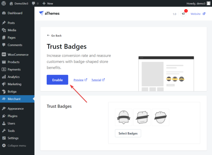 enabling trust badges merchant plugin for woocommerce