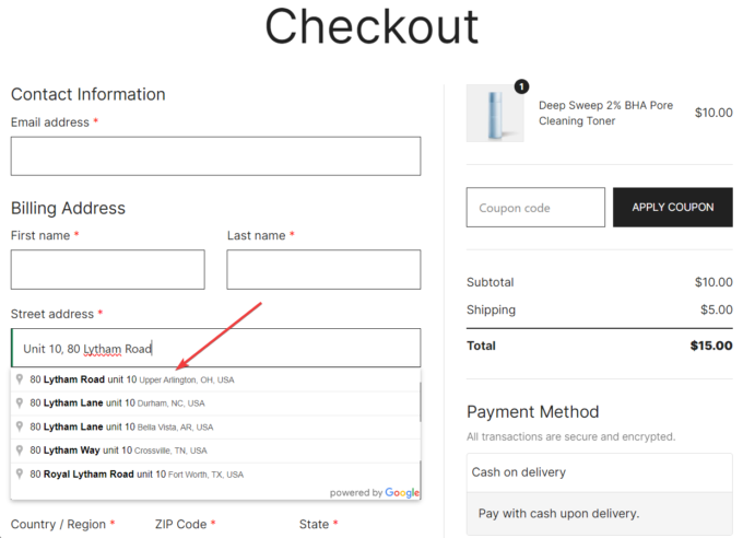 google address autocomplete checkout page