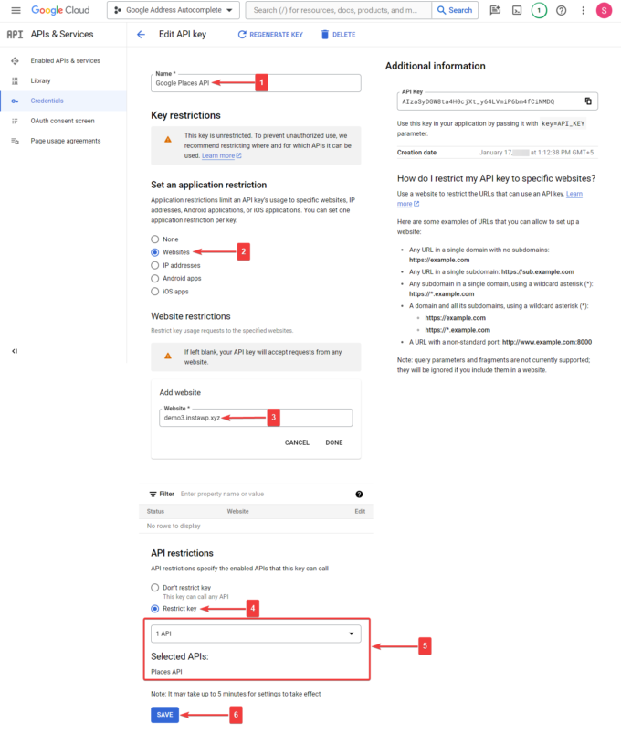 google console restrict api key