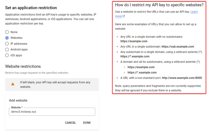 how to restrict api key for specific website google console