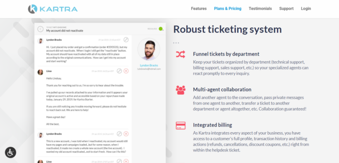 Kartra's ticketing system, a screenshot of the feature's landing page