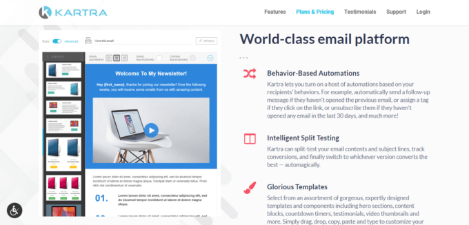 Kartra's email platform, a screenshot of the feature's landing page