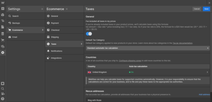 Webflow's tax settings