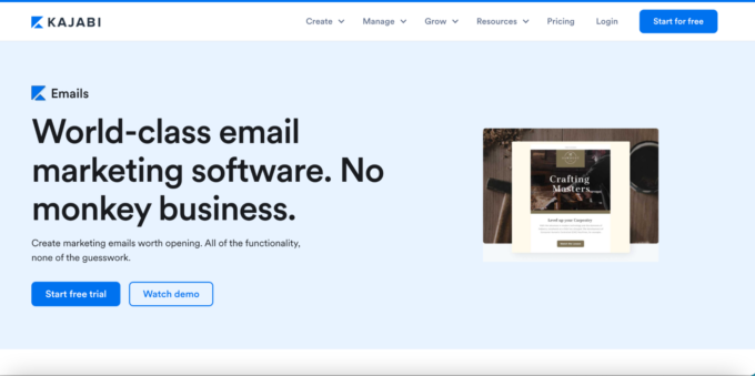 Kajabi's email templates, a screenshot of the feature's landing page