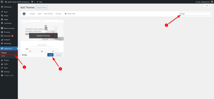 Annotated screenshot showing how to install the free Botiga theme in the WordPress admin area