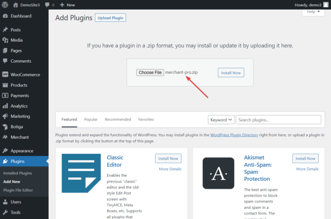 Location of the plugin uploader in the WordPress admin area