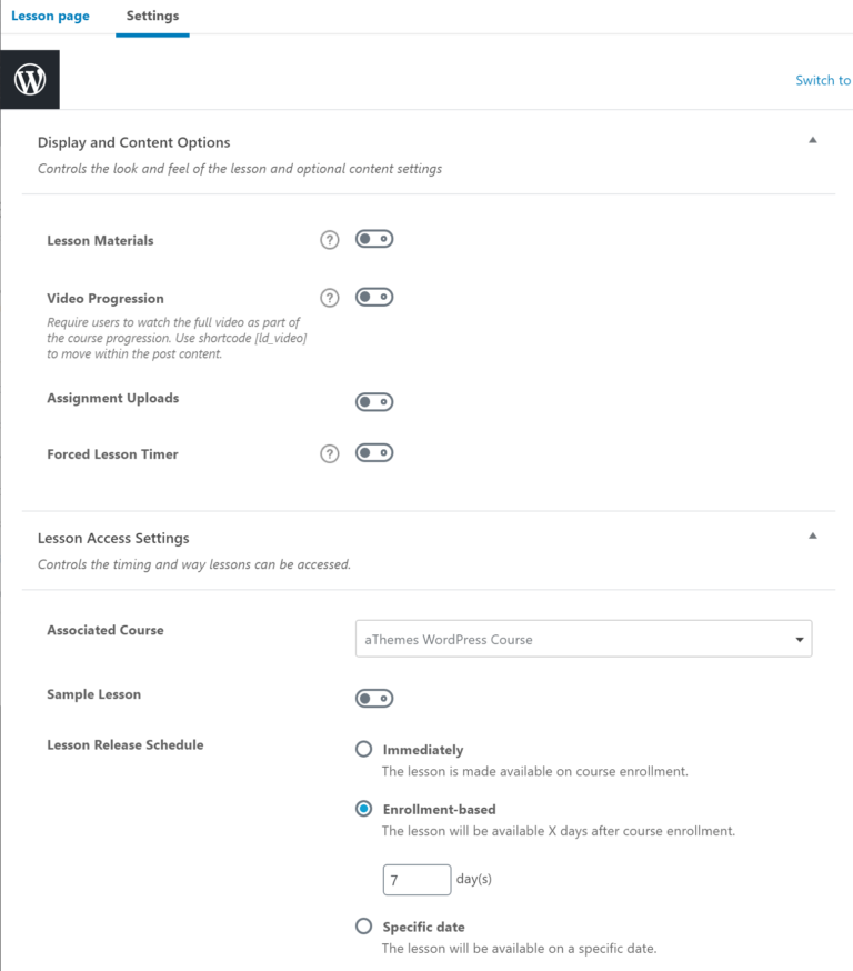 LearnDash lesson settings