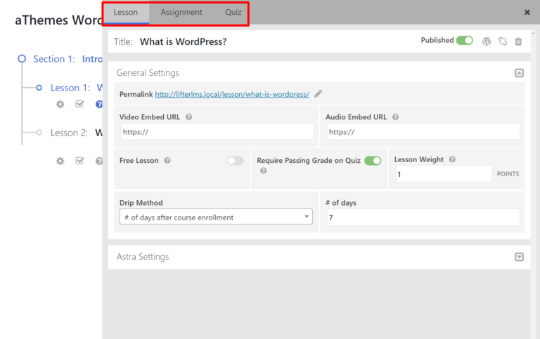 LifterLMS lesson settings