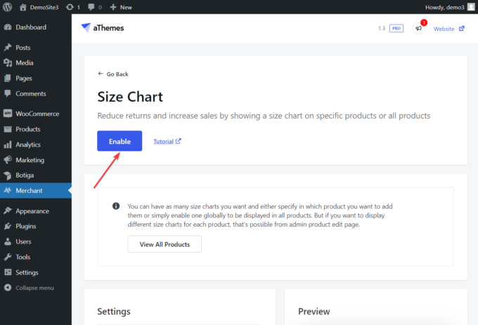 merchant size chart enable button