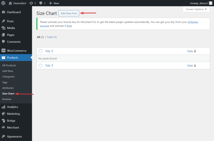 merchant size chat add new chart